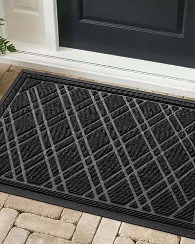 DEXI Front Door Mat Outside Entrance, All-Season Heavy Duty Rubber Indoor Outdoor Doormat, Fade Resistant, Low-Profile, Easy Clean Patio Entryway Rug, 17"x29", Weave Grey