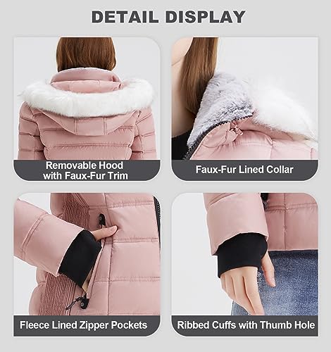 SLOWTOWN Women's Puffer Jacket Warm Hooded Winter Puffy Jacket with Faux-Fur Trim and Collar (Pink, Small)
