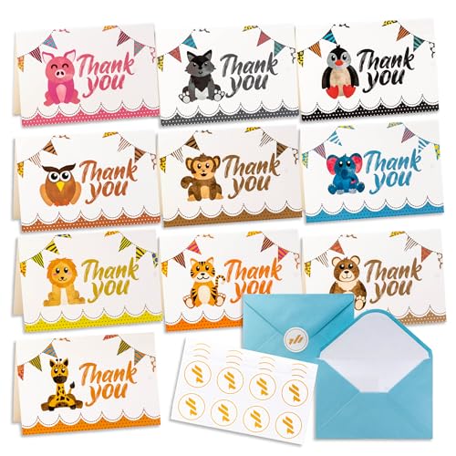 Only Zest Baby Shower Thank You Cards with Envelopes, 50 Pack Birthday Thank You Cards, 4x6 Blank Note Cards, Cute Thank You Cards Animal Themed Kids Birthday Party