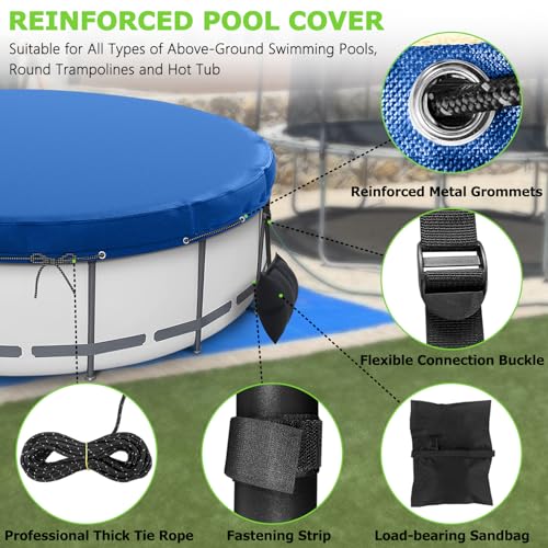 HIGHTQURO 21Ft Round Pool Cover, Inground Pool Covers for Above Ground Pools, Swimming Pool Cover Protector with Tie-Down Ropes & 5 Sandbags Increase Stability, Waterproof Dustproof Hot Tub Cover