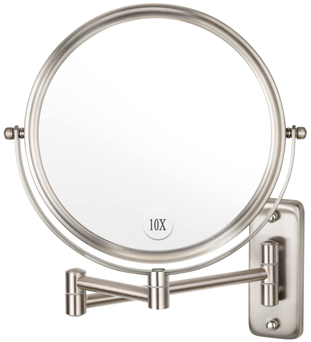 Wall Mounted Makeup Mirror - 10x Magnification 8'' Two-Sided Swivel Extendable Bathroom Mirror Nickel Finish