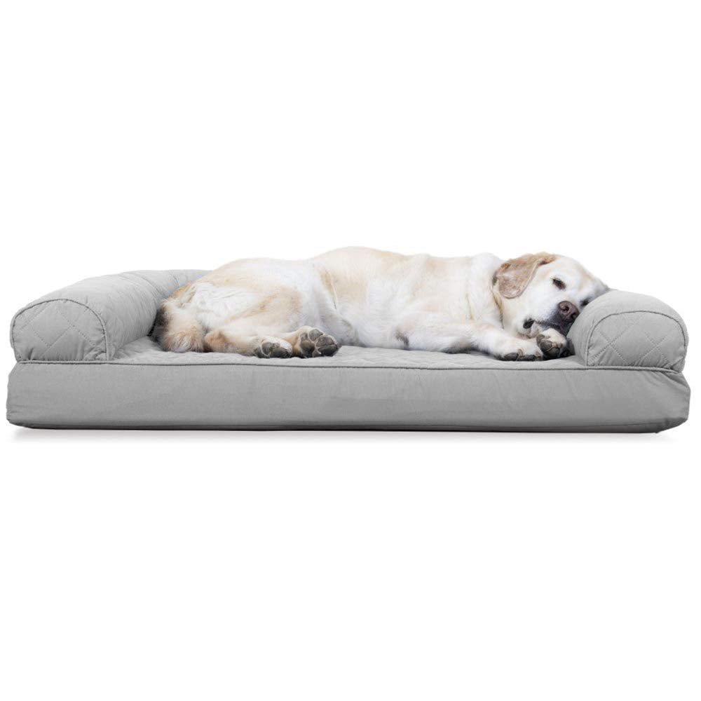 Furhaven Cooling Gel Dog Bed for Large Dogs w/ Removable Bolsters & Washable Cover, For Dogs Up to 95 lbs - Two-Tone Plush Faux Fur & Suede L Shaped Chaise - Stone Gray, Jumbo/XL