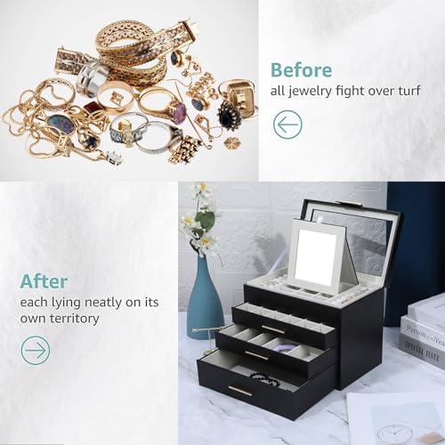 BOOVO Jewelry Boxes for Women, White and Black 6 Layer Large Jewelry Box for Necklace, Bracelet, Earrings, Rings Storage, Jewelry holder Organizer for Girls Gift (Black and Gold, 6 layer)