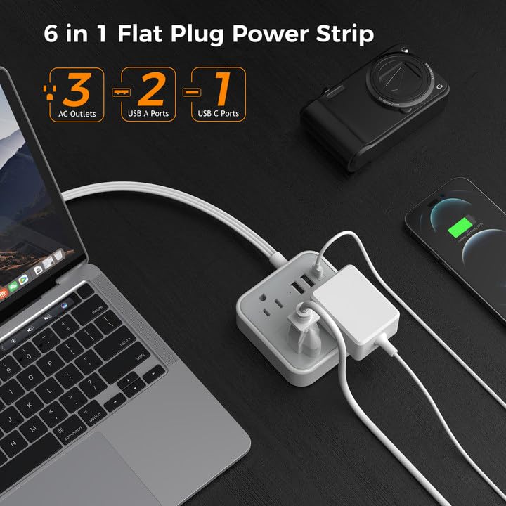 Ultra Thin Flat Extension Cord 5 FT, TESSAN Slim Power Strip with 3 USB (1 USB C) Ports, Low Profile Flat Head Wall Plug Outlet Concealer with 3 Outlets for Cruise, Office, School, Travel, Dorm Room