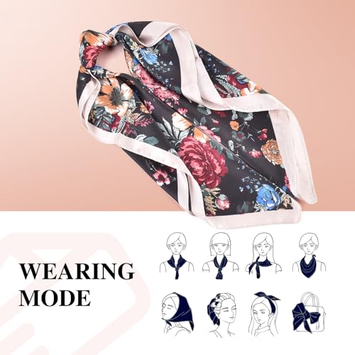 EIysee 27.5 Inches Silk Head Scarf for Women Satin Hair Scarf Silk Wrap Neck Square Scarves Feeling Scarf Boho Headwear (Navy blue-Azalea)