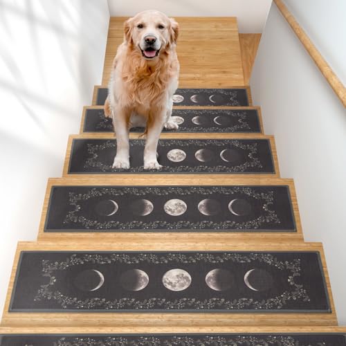 FOYKUED Non Slip Carpet Stair Treads for Wooden Steps, Polyester Soft Edging Stair Runners Set of 15, 8x30 Inch Self-Adhesive Safety Stair Rugs for Kids, Elders and Pets, TPR Backing, Moon