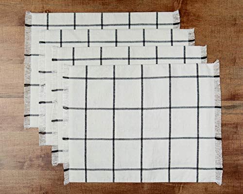Sticky Toffee Woven Cotton Placemats Set of 4, Cream Farmhouse Plaid, 14 x 19 in, Washable Table Mats for Kitchen or Dining Table