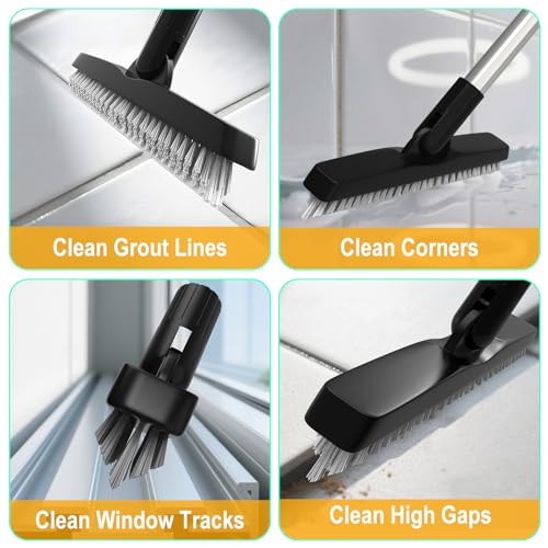 ITTAHO 2 Pack Grout Brush with Long Handle, Swivel Cleaning Grout Line Scrubber - Extendable Durable Handle Grout Cleaner Brush for Bathroom,Tile,Baseboard,Walk in Shower,Corner & Narrow Space (Black)
