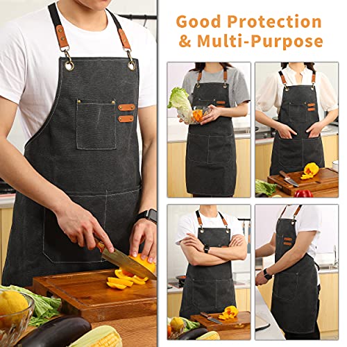 Tosewever Canvas Cross Back Chef Cotton Aprons for Men Women with Large Pockets (Beige)