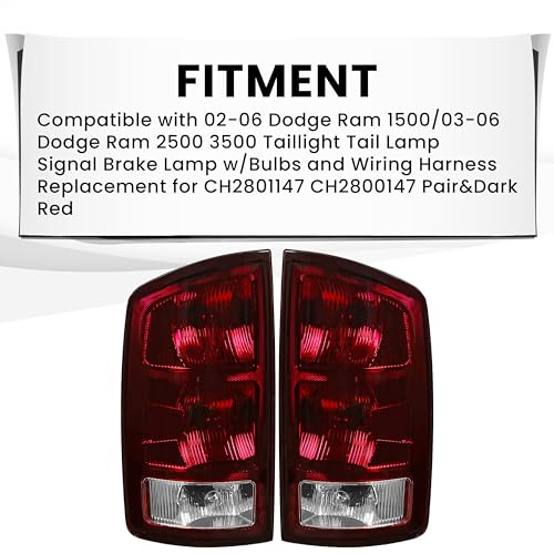 HECASA Tail Light Assembly w/Halogen Bulb Compatible with 2002-2006 Dodge Ram 1500/2003-2006 Dodge Ram 2500 3500 Tail Lamp Signal Brake Lamp Replacement for CH2801147 CH2800147 Pair&Dark Red