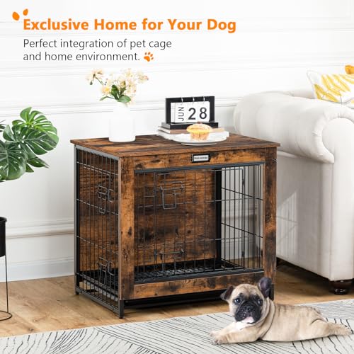 Dog Crate Furniture, 25.5" Small Dog Kennel Indoor, Wooden Dog Crate with Pull-Out Tray, Double Doors Dog House, Modern Side End Table for Small/Medium Dog, Rustic Brown BF642GW03G1