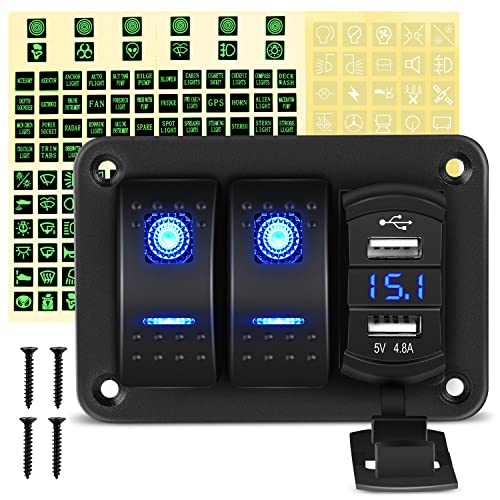 GOOACC 2 Gang Rocker Switch Panel Blue Backlit with 4.8 Amp Dual USB Charger Voltmeter Waterproof 12V 24V DC Rocker Switch with Night Glow Stickers for Car Trucks Boats RVs,2 Years Warranty