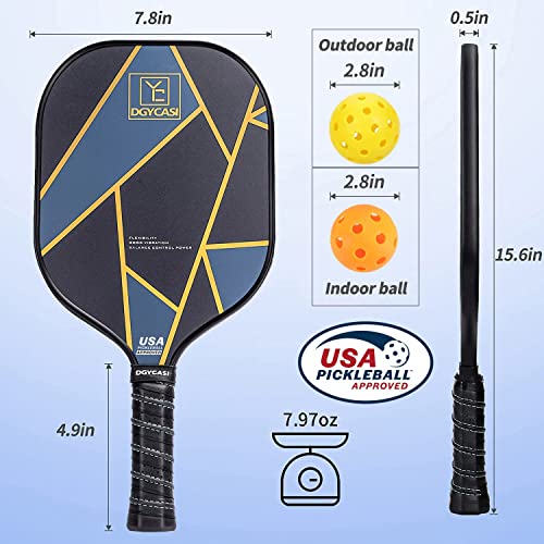 YC DGYCASI Graphite Pickleball Paddles Set of 4, 2024 USAPA Approved, Carbon Fiber Surface (CHS), Polypropylene Lightweight Honeycomb Core, 3 Indoor 3 Outdoor Pickleball, 4 Replacement Soft Grip + Bag