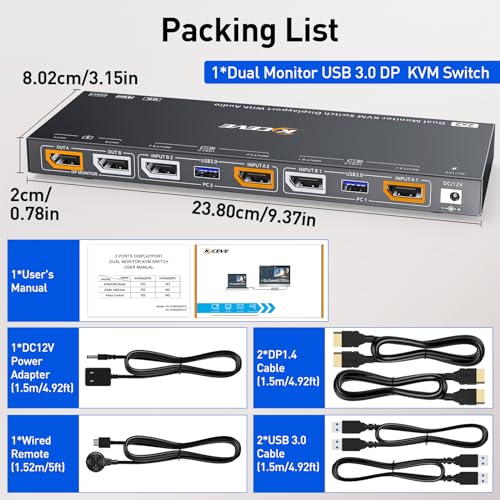 2 Displayport + HDMI USB 3.0 KVM Switch 3 Monitors 3 Computers, 8K@60Hz,4K@144Hz Triple Monitor KVM with 4 USB 3.0 Ports, KVM Triple Monitor Keyboard Mouse Switcher,Included KVM Cables