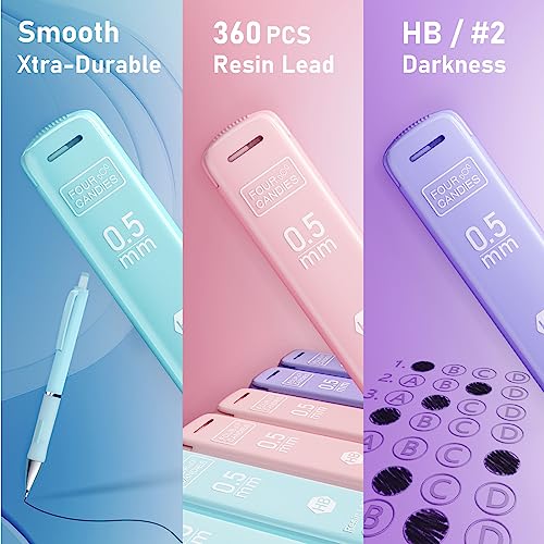 Four Candies 0.5 Mechanical Pencil Set, with 0.5mm #2 Lead Refills, Pastel Erasers & Eraser Refills, 13-Count Pack, Cute Aesthetic School Supplies for Writing, Drawing and Sketching