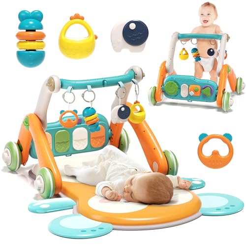 Jovow 2 in 1 Baby Gym with Walker,Baby Play Mat with 5 Infant Learning Sensory,Double-Sided Multifunctional Removable Play Piano Panel,Sit-to-Stand Learning Walker for 0-24 Months Boy Girl [Orange]