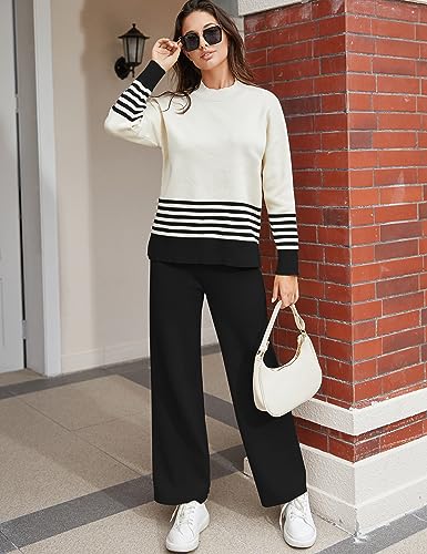 Tanming Women's Lounge Sets 2 Piece Outfits Knitted Pullover Sweater Tops Wide Leg Pants Tracksuit (Black-S)