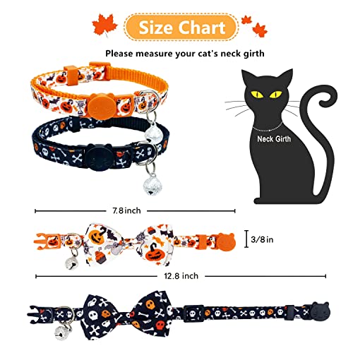 Halloween Cat Collar with Bell, 2 Pack Holiday Jack-O-Lantern and Candycorn Collar for Kitty Kitten Male Female Cats (Jack-O-Lantern/Skeleton Dance)