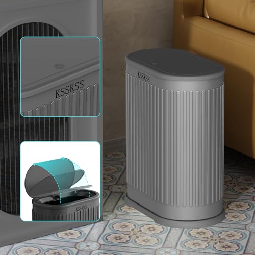 KSSKSS 1.8 Gallons Small Stainless Steel Trash Can with Press Type Lid, Slim Bathroom Garbage Bin, Removable Liner Bucket, Dog Proof Narrow Wastebasket with Pop-Up Lid for Bedroom,Toilet (Gray)