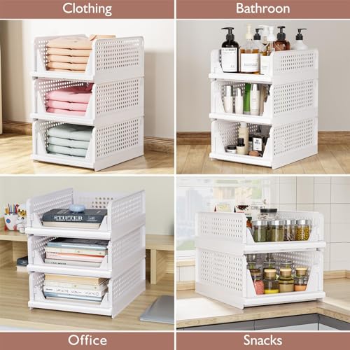 4 Pack Folding Closet Organizers Storage Box, Stackable Storage Bins, Plastic Drawer Basket Closet Storage for Wardrobe Cupboard Kitchen Bathroom Office White-1S3L