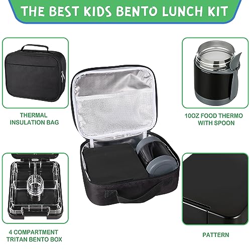 Pawtong Bento Lunch Box Set With 10oz Soup Thermo, Leak-proof Lunch Containers with 4 Compartment, Kids Hot Thermo Food Jar/Insulation Lunch Bag, Food Containers for School (Black)