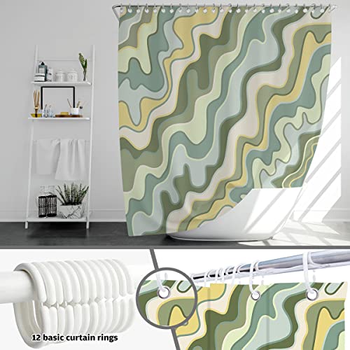 Mocsicka Retro 70s Hippie Shower Curtain Sage Green Groovy Waves Funky Shower Curtain for Bathroom Funky Abstract Art Shower Curtain Set with 12 Hooks, 72x72 Inches