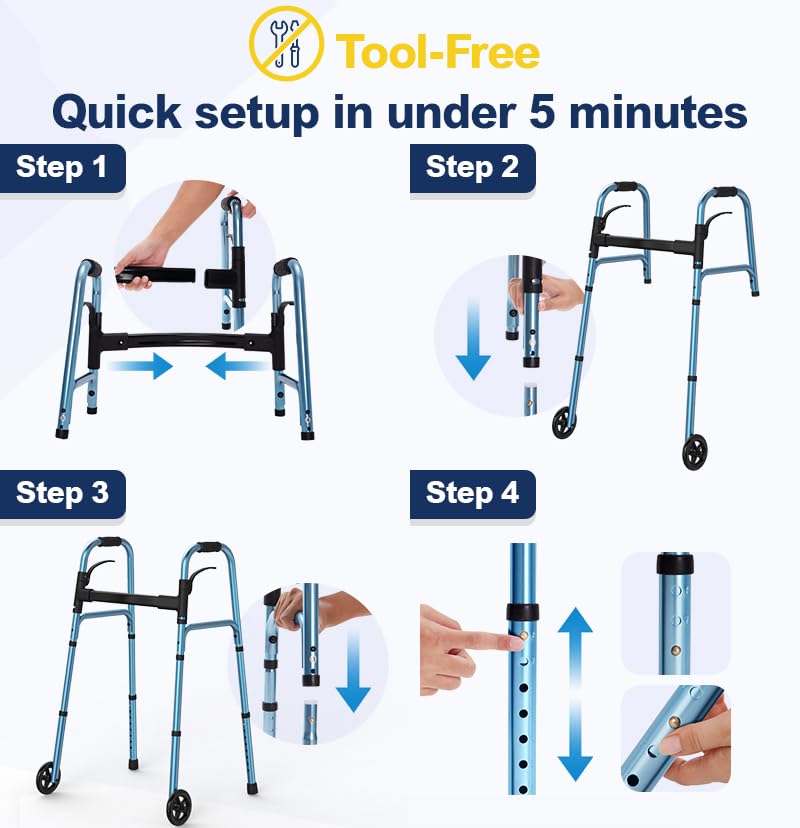 HolyHeal Walkers for Seniors, Folding Walker with Wheels and 2 Skis, Lightweight Rolling Walker Supports Up to 350 Pounds, Adjustable Height, Adult Compact Standard Walkers with Aluminum Frame, Blue
