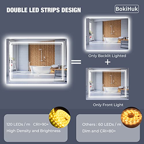 BokiHuk Led Bathroom Mirror with Lights, 40x24 inch Wall Mounted Lighted Vanity Mirror, Makeup Mirror Dimmable Anti-Fog with 3 Colors Light, Waterproof (Backlit & Front-Lighted)