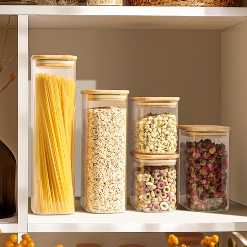 ComSaf 26oz Rectangle Glass Storage Containers with Lids, Glass Jars with Bamboo Lids, Clear Food Storage Jar, Sugar Coffee Containers, Small Pantry Storage Container for Tea Candy Nuts Spices Oat