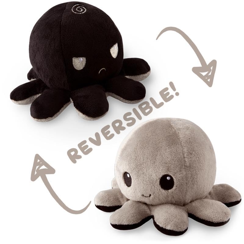 TeeTurtle - The Original Reversible Octopus Plushie - Black + Gray - Cute Sensory Fidget Stuffed Animals That Show Your Mood