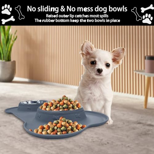 AsFrost Dog Food Bowls Stainless Steel Dog Food and Water Bowl Set, Dog Bowls No Spill Non Slip Silicone Mat, Dog Dishes for Small Medium Size Dogs Cat Puppy Pet Food Feeding Bowls, Blue, 12oz