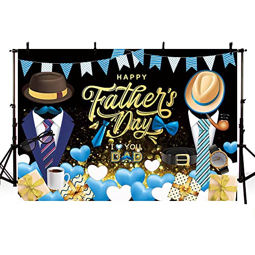 MEHOFOND 7x5ft Happy Father's Day Backdrop Blue Necktie I Love You Dad Black and Gold Father's Day Background Gift Black and Gold Father's Day Decoration Family Party Photo Booth Supplies Banner