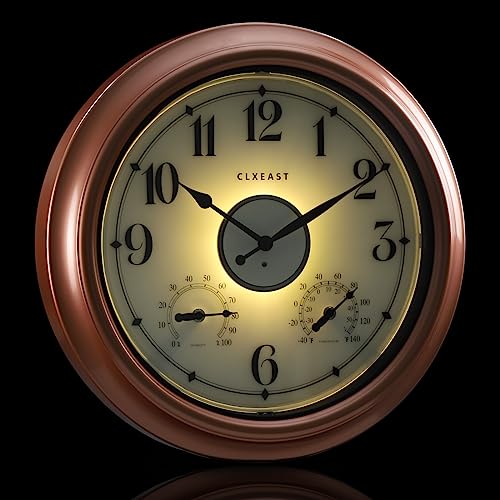 CLXEAST 18 Inch Illuminated Outdoor Indoor Clocks with Smart Sensor,Modern Farmhouse Lighted Wall Clock with Temperature and Humidity for Patio, Garden Decor,Copper/Rose Gold Finish