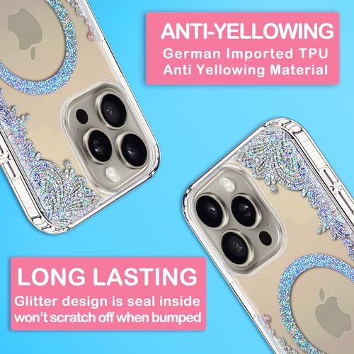 Coolwee Clear Glitter for iPhone 15 Pro Case Magnetic, Compatible with MagSafe, Thin Flower Slim Cute Crystal Lace Bling Women Girls Floral Hard Back Soft TPU Bumper Protective Cover Mandala Henna