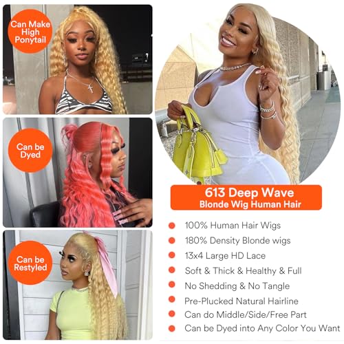 613 Lace Front Wig Human Hair Deep Wave 18 Inch Blonde Wig Human Hair 16A 13x4 HD Blonde 613 Deep Wave Lace Front Wigs Curly Glueless Wig Pre Plucked 180% Density Blonde Frontal Wig Deep Wave 613 Wig