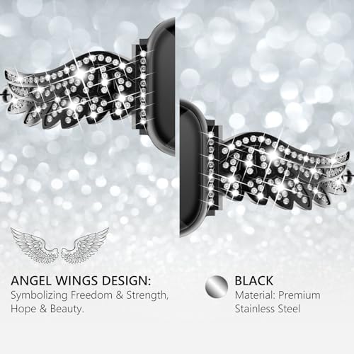 WINGLE for Apple Watch Bands 40mm 41mm 38mm for Women Series 9 8 7 6 5 4 3 2 1 SE, Sparkle Angel Wings Bling Diamond Rhinestone Apple Watch Metal Band Dressy Chain Bracelet for iWatch, Black