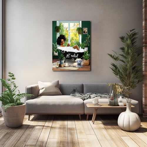 Bathroom Decor African American Wall Art Black Girl In Bathtub Canvas Wall Art Picture Modern Green Botanical Wall Decor Black Woman Framed Artwork For Bathroom Bedroom 8"X10"