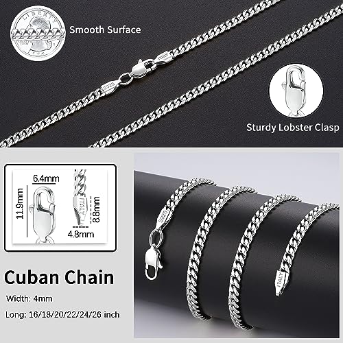 ONLVULF Solid 925 Sterling Silver Chain Necklace for Men Women, 4mm Miami Mens Cuban Link Chain Necklace for Men, Sturdy & Comfortable Men's Chain Necklace, Mens Chain 16 Inch