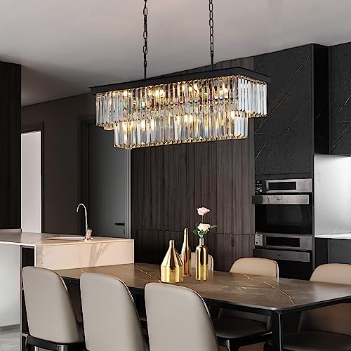 Weesalife Crystal Chandeliers for Dining Room 11-Light Black Modern Chandelier Rectangle Contemporary Pendant Light Fixture for Kitchen Island Bar