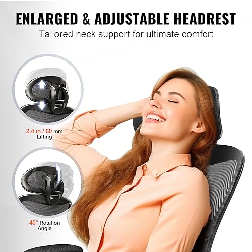 VEVOR Ergonomic Office Chair with Adjustable Lumbar Support, Desk Chair with Adjustable Headrest, PU Armrests Computer Chair for All Day Comfortable Sitting