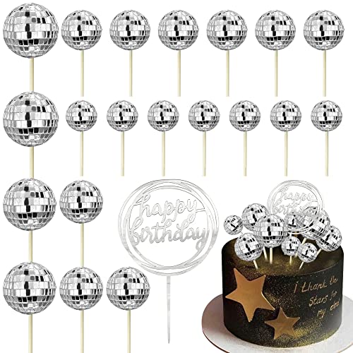 21 PCS Disco Ball Cupcake toppers Happy Birthday Cake Topper 1970s Disco Ball Cake Decorations Disco Theme Cake Picks for Disco Theme Party 70s Theme Party Favor