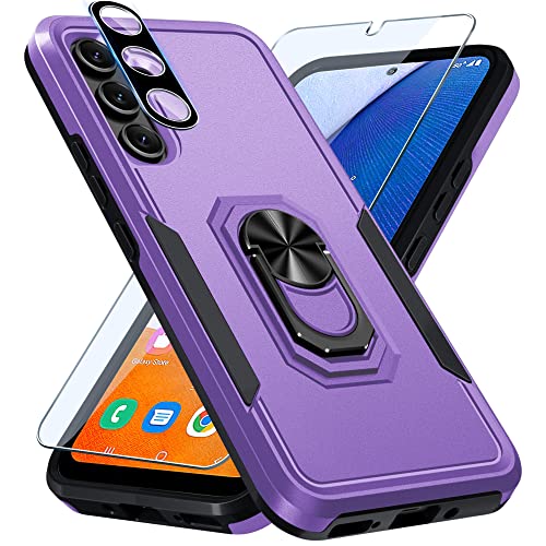 Janmitta Compatible with Galaxy A54 5G Case,with 1 Pack Screen Protector+1 Pack Camera Lens Protector,Shockproof Full Body Phone Cover,Built in Finger Ring Holder Kickstand,2023 Lavender