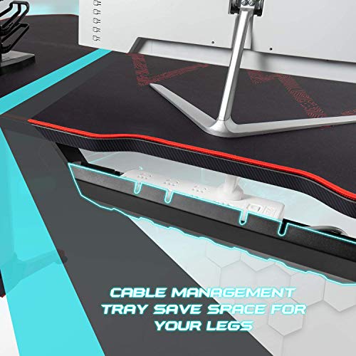 Furmax Gaming Desk T-Shaped Pc Computer Table with Carbon Fiber Surface Free Mouse Pad Home Office Desk Gamer Table Pro with Game Handle Rack Headphone Hook and Cup Holder (Black, 55 Inch)