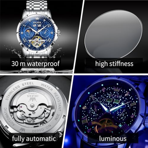 OLEVS Mens Automatic Watches Self-Winding Starry Sky Diamond Skeleton Luxury Wrist Watch Waterproof Luminous