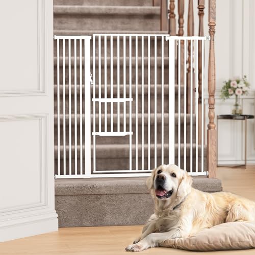 YITAHOME Extra Tall 55" High Metal Dog Gate with Cat Door, 29.5"- 48" Wide Auto Close Pet Gate Indoor for Stairs, Doorways, House, No Drilling Pressure Mount, Sturdy, White