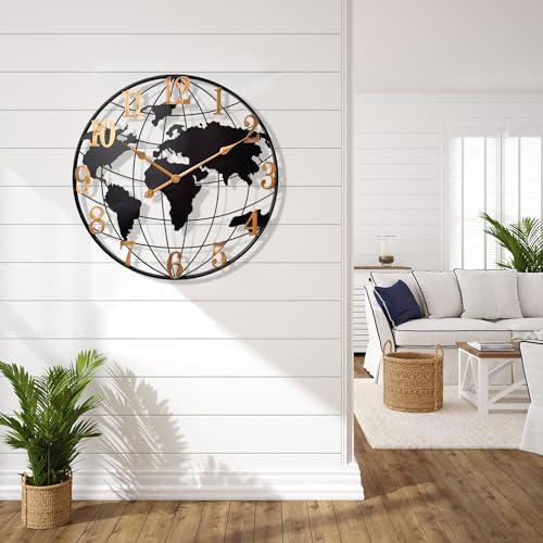 Large World Map Wall Clock, Metal Minimalist Modern Clock,Round Silent Non-Ticking Battery Operated Wall Clocks for Living Room/Home/Kitchen/Bedroom/Office/Farmhouse Decor (24 Inch)