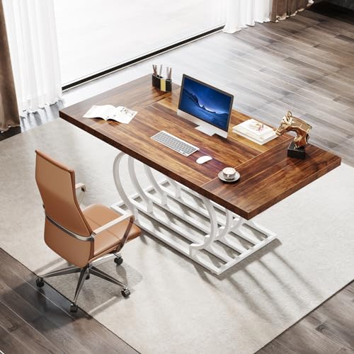 Tribesigns 63" Modern Office Desk, White and Gold Executive Desk, Large Computer Desk Home Office Desk with Gold Metal Frame, Wood Workstation Study Writing Desk