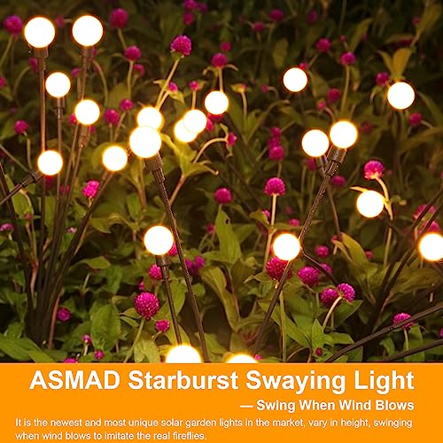 ASMAD Solar Garden Lights, 4 Pack 32 LED Solar Outdoor Lights, Outdoor Decorations Lights, Solar Swaying Lights, Firefly Lights for Patio Pathway Outdoor Decor, Big Bulb Solar Swaying Lights