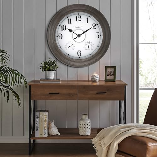 CLXEAST 24 Inch LED Illuminated Outdoor Clocks Waterproof with Thermometer & Hygrometer, Large Lighted Metal Wall Clock with Smart Light Sensor,Grey Oak Finish