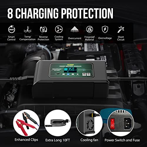 35-Amp Car Battery Charger, 12V and 24V Smart Fully Automatic Battery Charger Maintainer Trickle Charger w/Temperature Compensation for Car Truck Lawn Mower Boat Lead Acid Lithium LiFePO4 Batteries